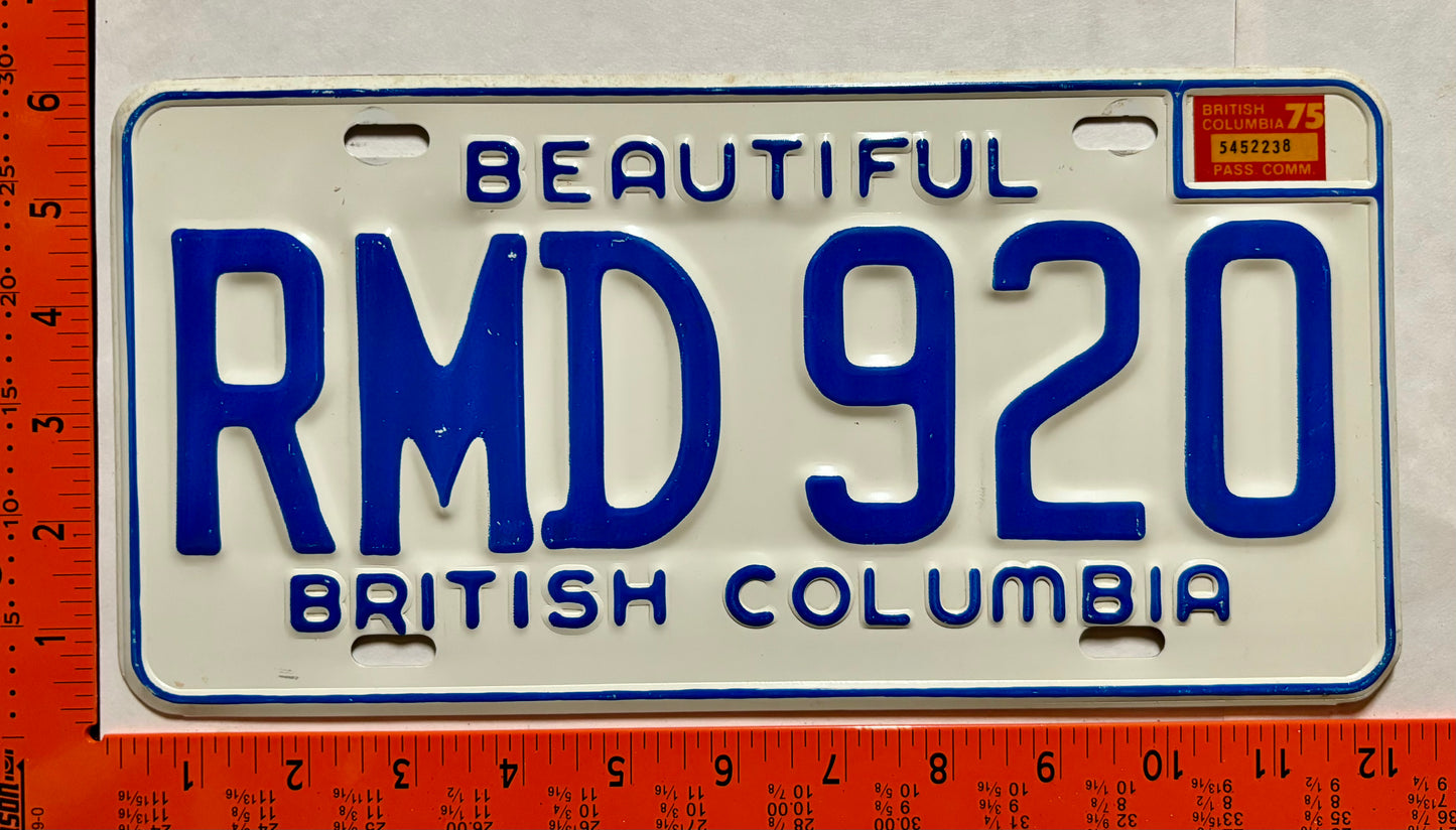 1975 British Columbia #RMD 920 Passenger License Plate