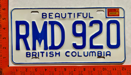 1975 British Columbia #RMD 920 Passenger License Plate