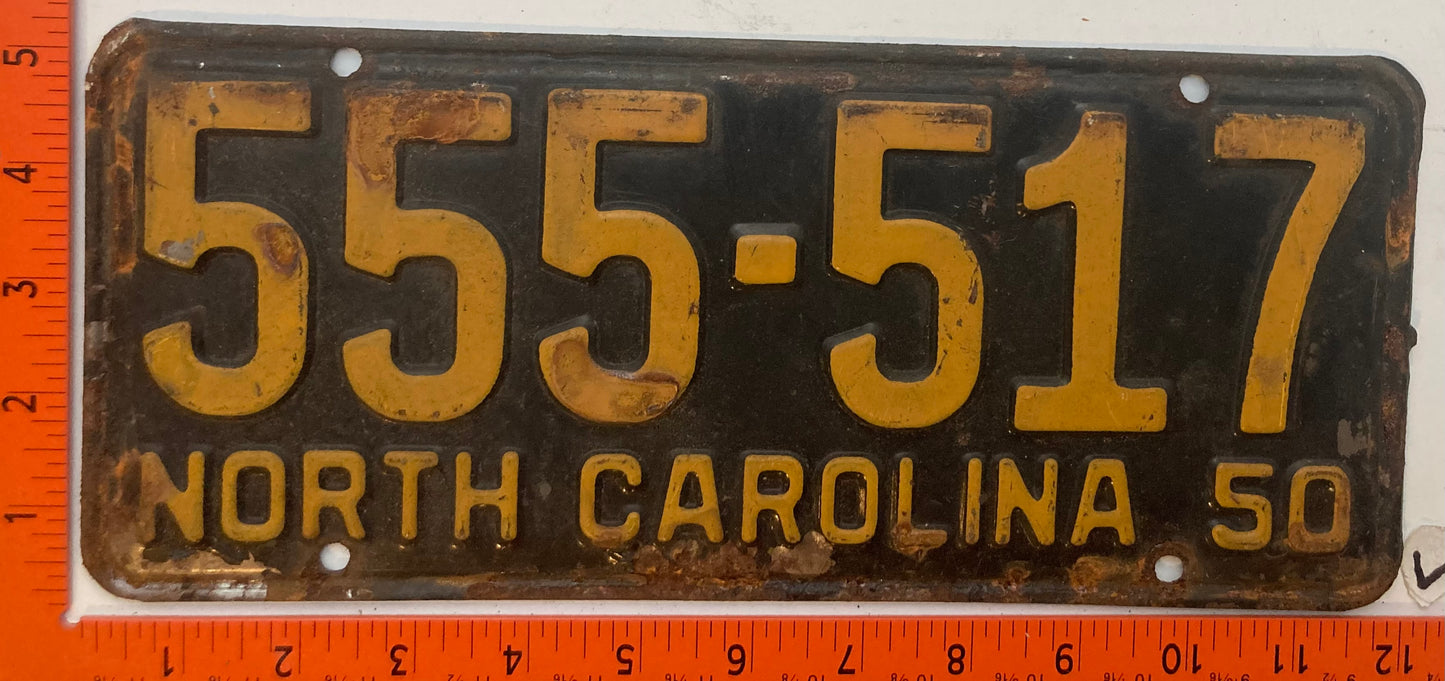 1950 North Carolina #555-517 Passenger License Plate
