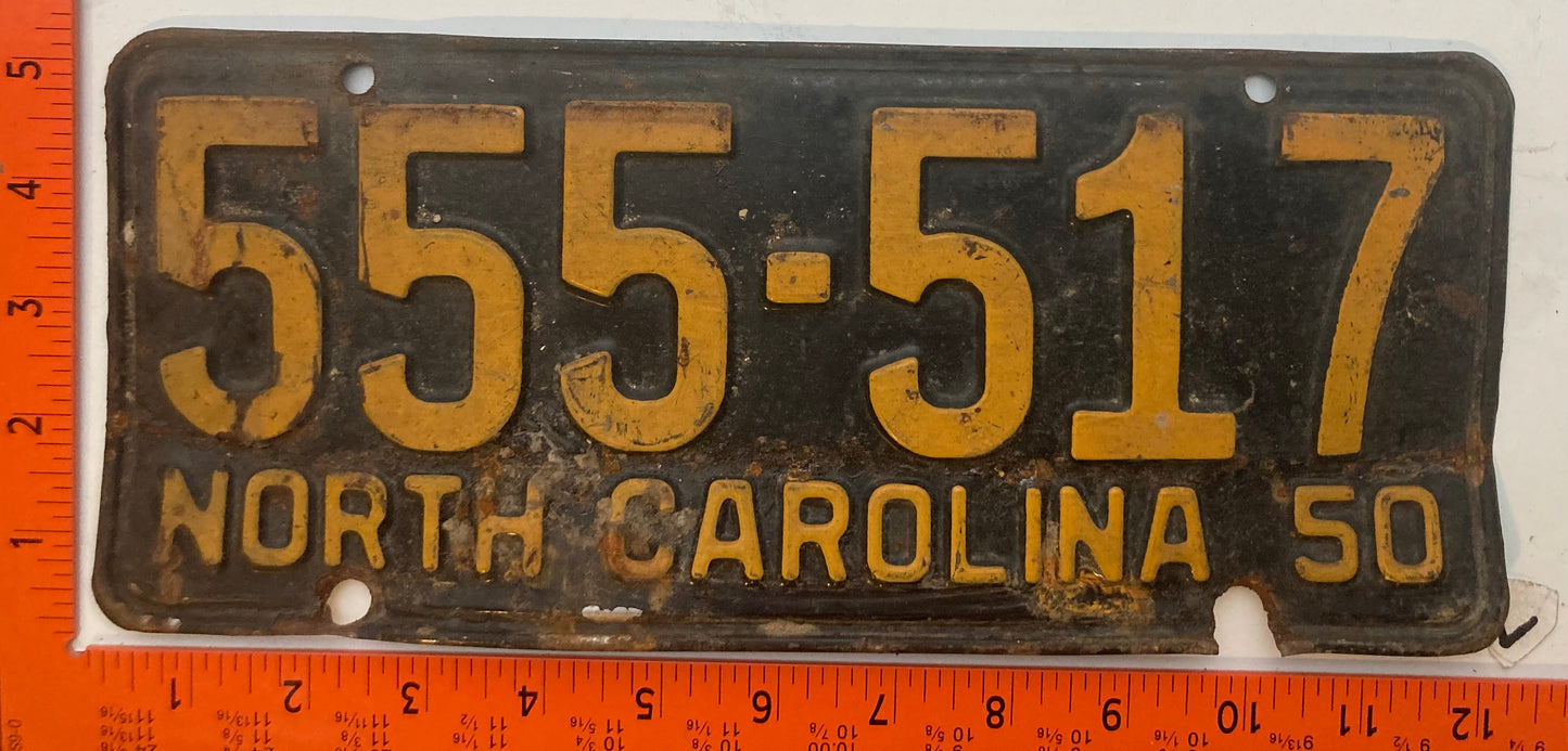 1950 North Carolina #555-517 Passenger License Plate