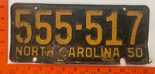 1950 North Carolina #555-517 Passenger License Plate