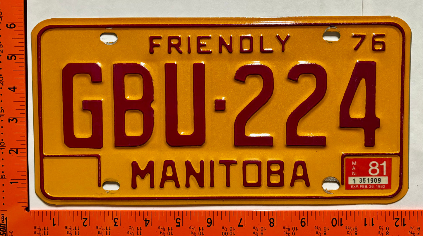 1981 Manitoba #GBU-224 Passenger License Plate