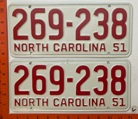 1951 North Carolina #269-238 Passenger License Plate (Pair)(Repaint)
