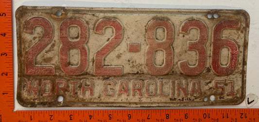 1951 North Carolina #282-876 Passenger License Plate
