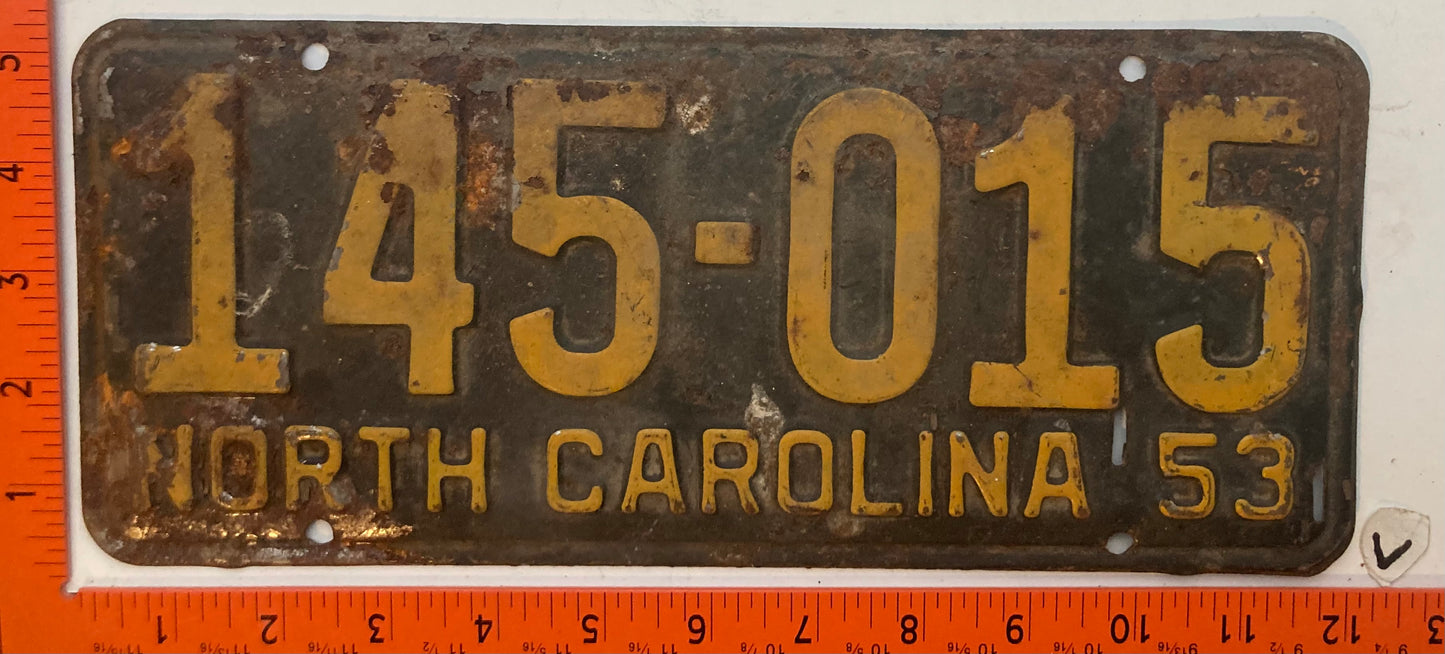 1953 North Carolina #145-015 Passenger License Plate