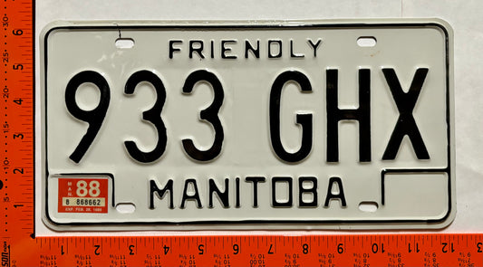 1988 Manitoba #933 GHX Passenger License Plate