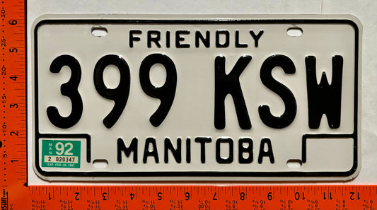 1992 Manitoba #399 KSW Passenger License Plate