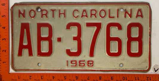 1968 North Carolina #AB-3768 Passenger License Plate