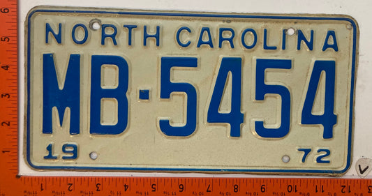 1972 North Carolina #MB-5454 Passenger License Plate