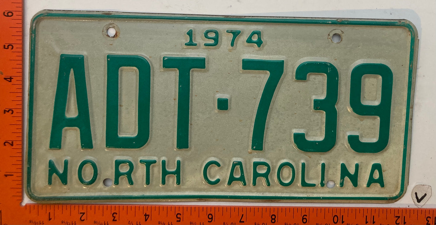 1974 North Carolina #ADT-739 Passenger License Plate