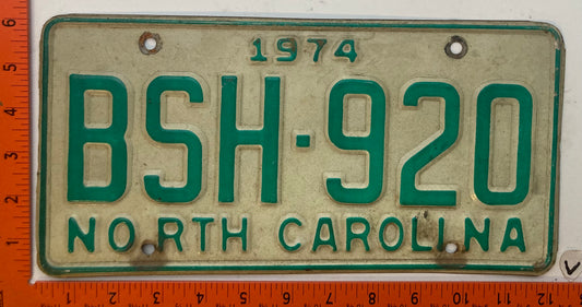 1974 North Carolina #BSH-920 Passenger License Plate