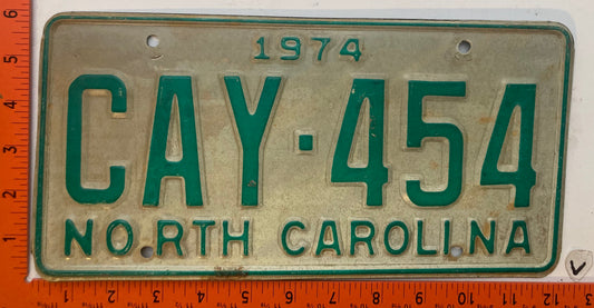 1974 North Carolina #CAY-454 Passenger License Plate