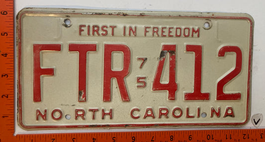 1975 North Carolina #FTR-412 Passenger License Plate