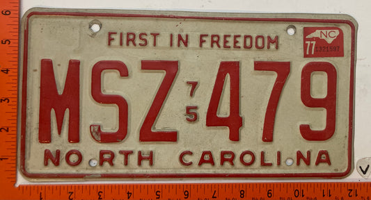 1977 North Carolina #MSZ-479 Passenger License Plate