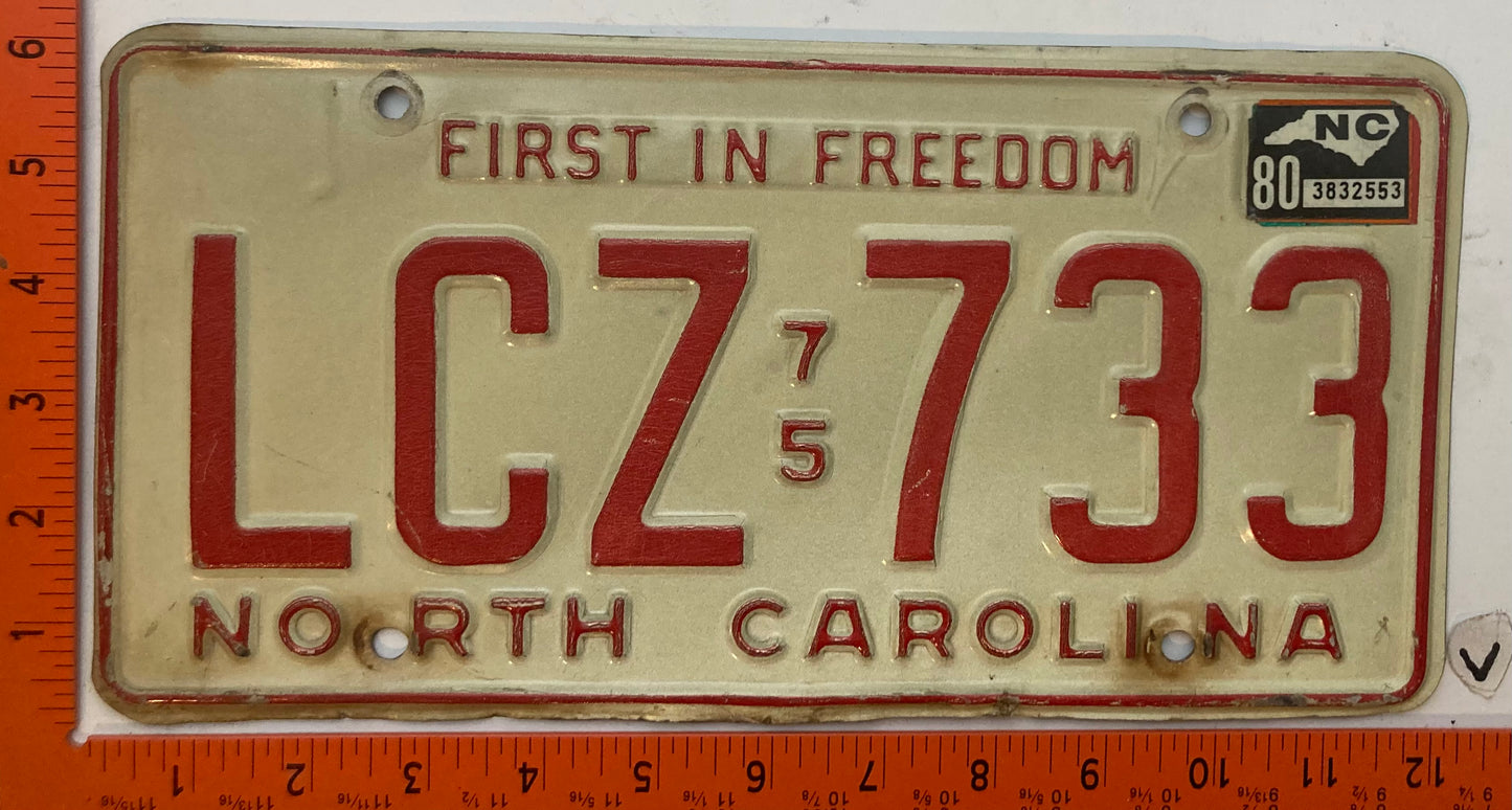 1980 North Carolina #LCZ 733 Passenger License Plate