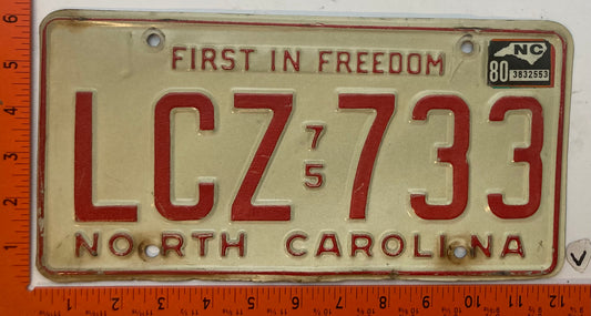 1980 North Carolina #LCZ 733 Passenger License Plate