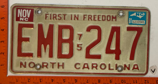 1981 North Carolina #EMB 247 Passenger License Plate