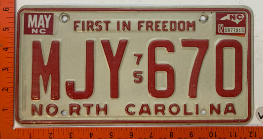 1982 North Carolina #MJY 670 Passenger License Plate