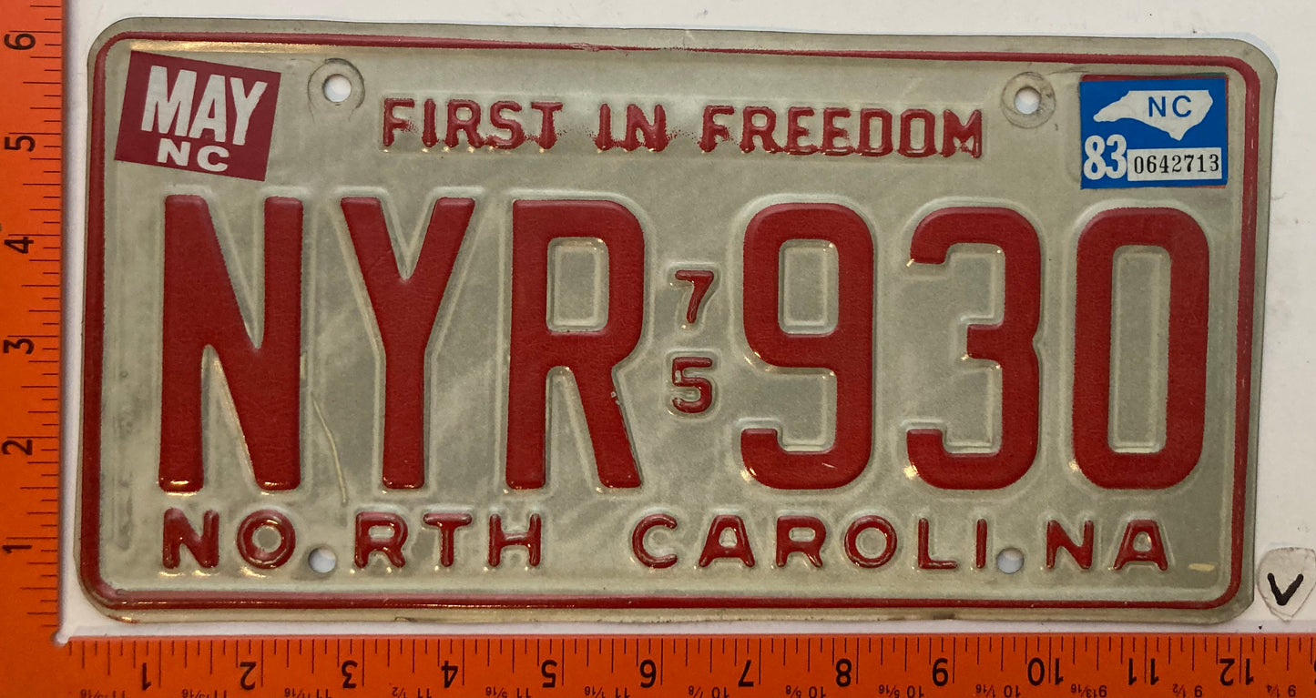1983 North Carolina #NYR 930 Passenger License Plate