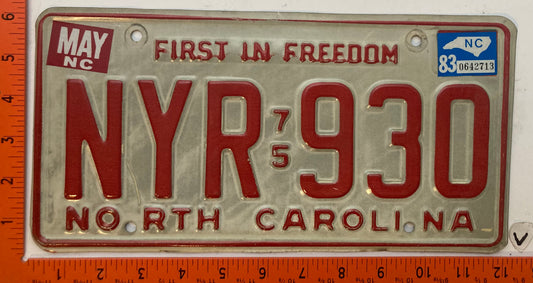 1983 North Carolina #NYR 930 Passenger License Plate