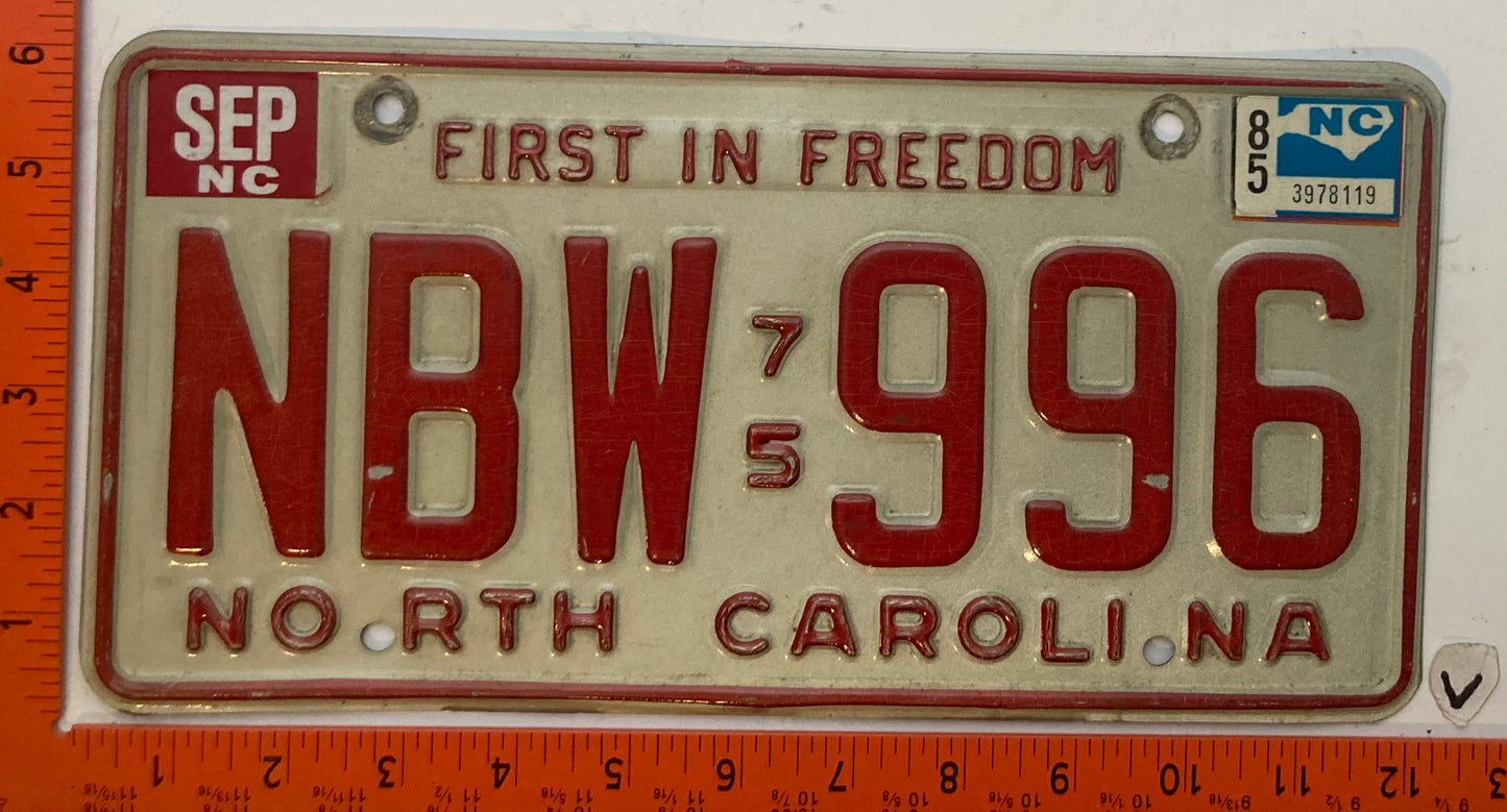 1985 North Carolina #NBW 996 Passenger License Plate
