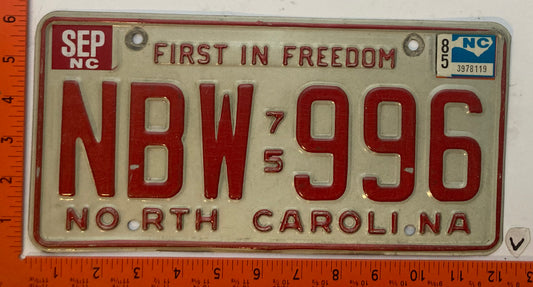 1985 North Carolina #NBW 996 Passenger License Plate