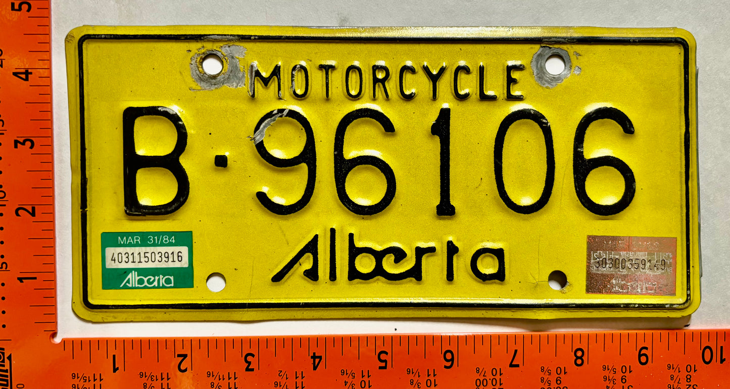 1983/1984 Alberta #B-96106 Motorcycle License Plate