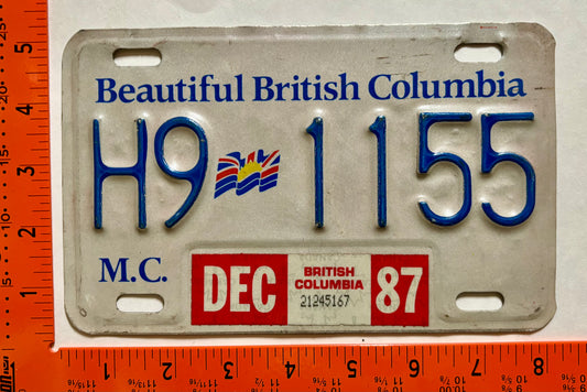 1987 British Columbia #H9 1155 Motorcycle License Plate