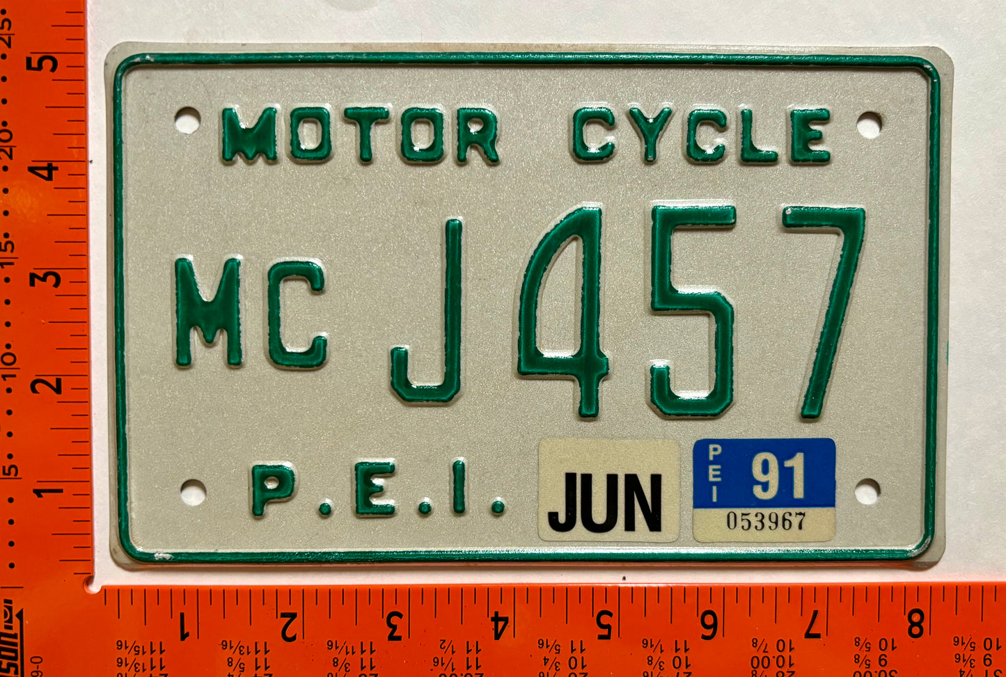 1991 Prince Edward Island #J457 Motorcycle License Plate