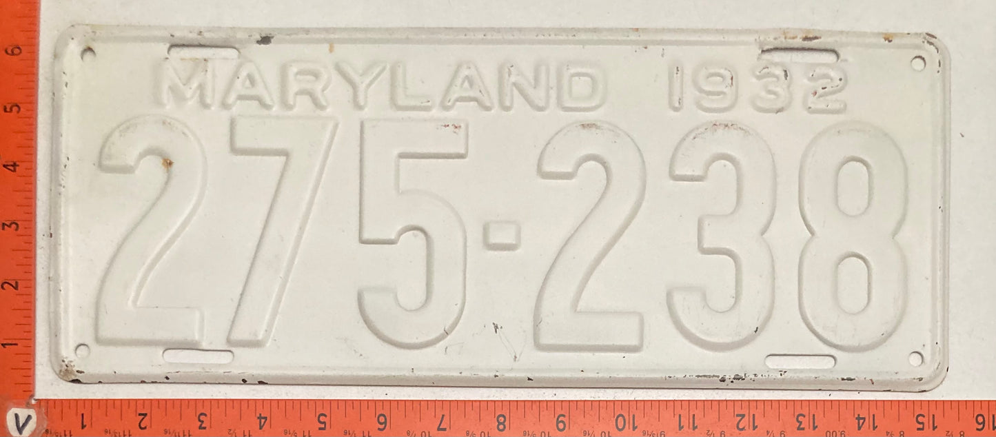 1932 Maryland #275-238 Passenger License Plate