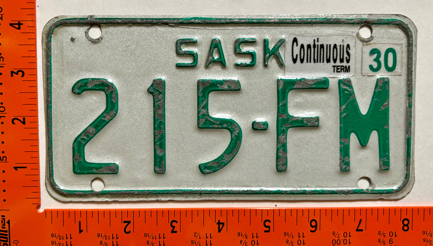 permanent Saskatchewan #215-FM Motorcycle License Plate