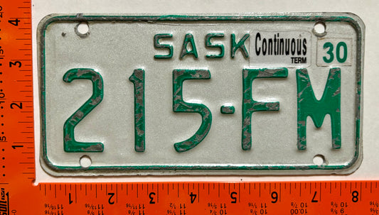 permanent Saskatchewan #215-FM Motorcycle License Plate