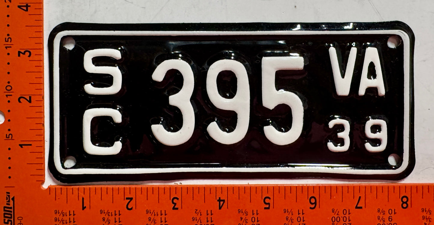 1939 Virginia #S/C 395 Motorcycle Sidecar License Plate (Repaint)