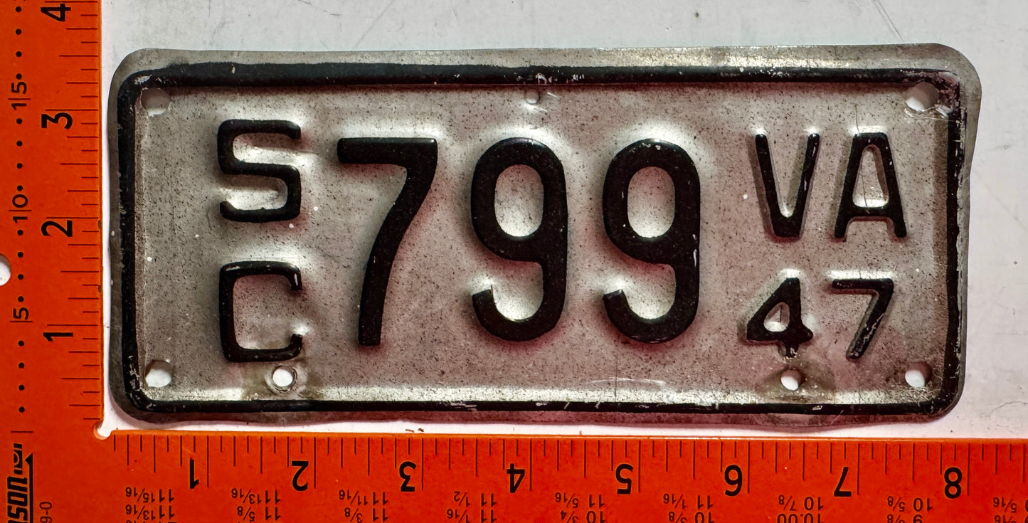 1947 Virginia #S/C 799 Motorcycle Sidecar License Plate