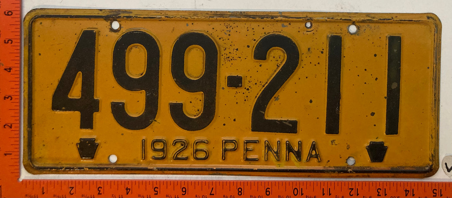 1926 Pennsylvania #499-211 Passenger License Plate