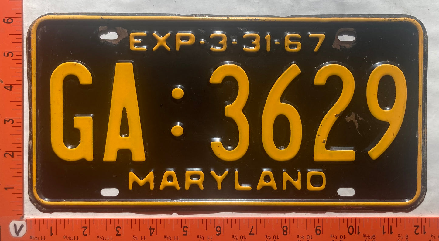 1967 Maryland #GA:3629 Passenger License Plate