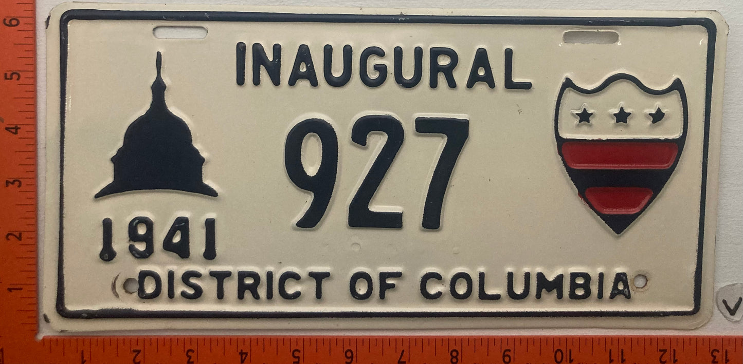 1941 Washington, DC #927 Presidential Inaugural Passenger License Plate