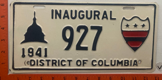 1941 Washington, DC #927 Presidential Inaugural Passenger License Plate
