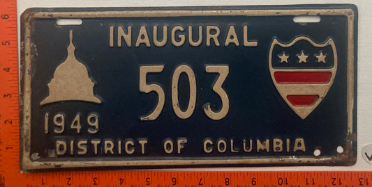1949 Washington, DC #503 Presidential Inaugural Passenger License Plate