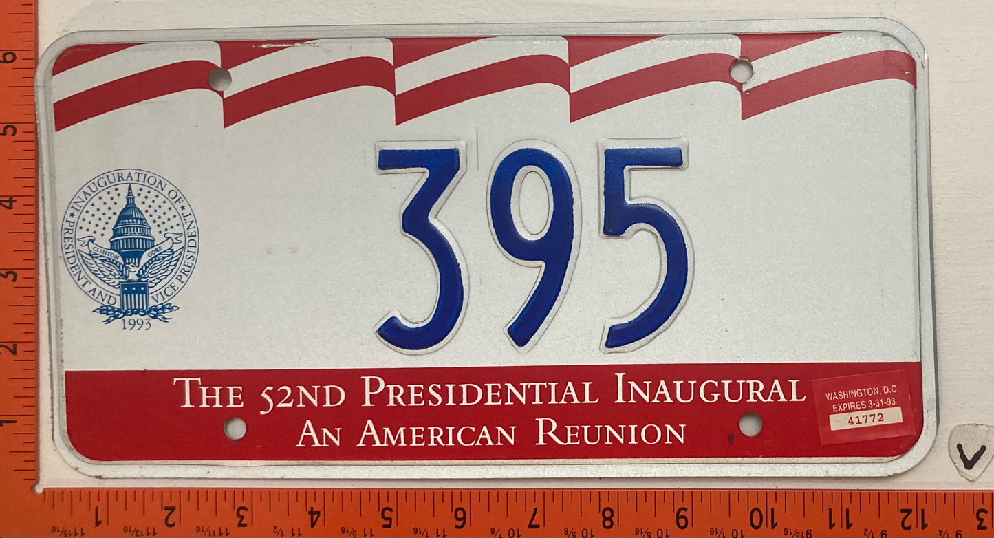1993 Washington, DC #395 Presidential Inaugural Passenger License Plate