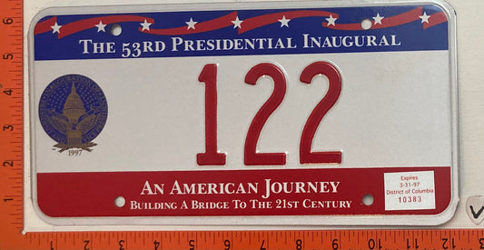 1997 Washington, DC #122 Presidential Inaugural Passenger License Plate
