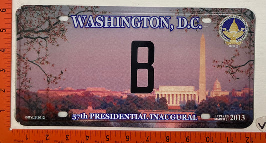 2013 Washington, DC #B Presidential Inaugural Passenger License Plate