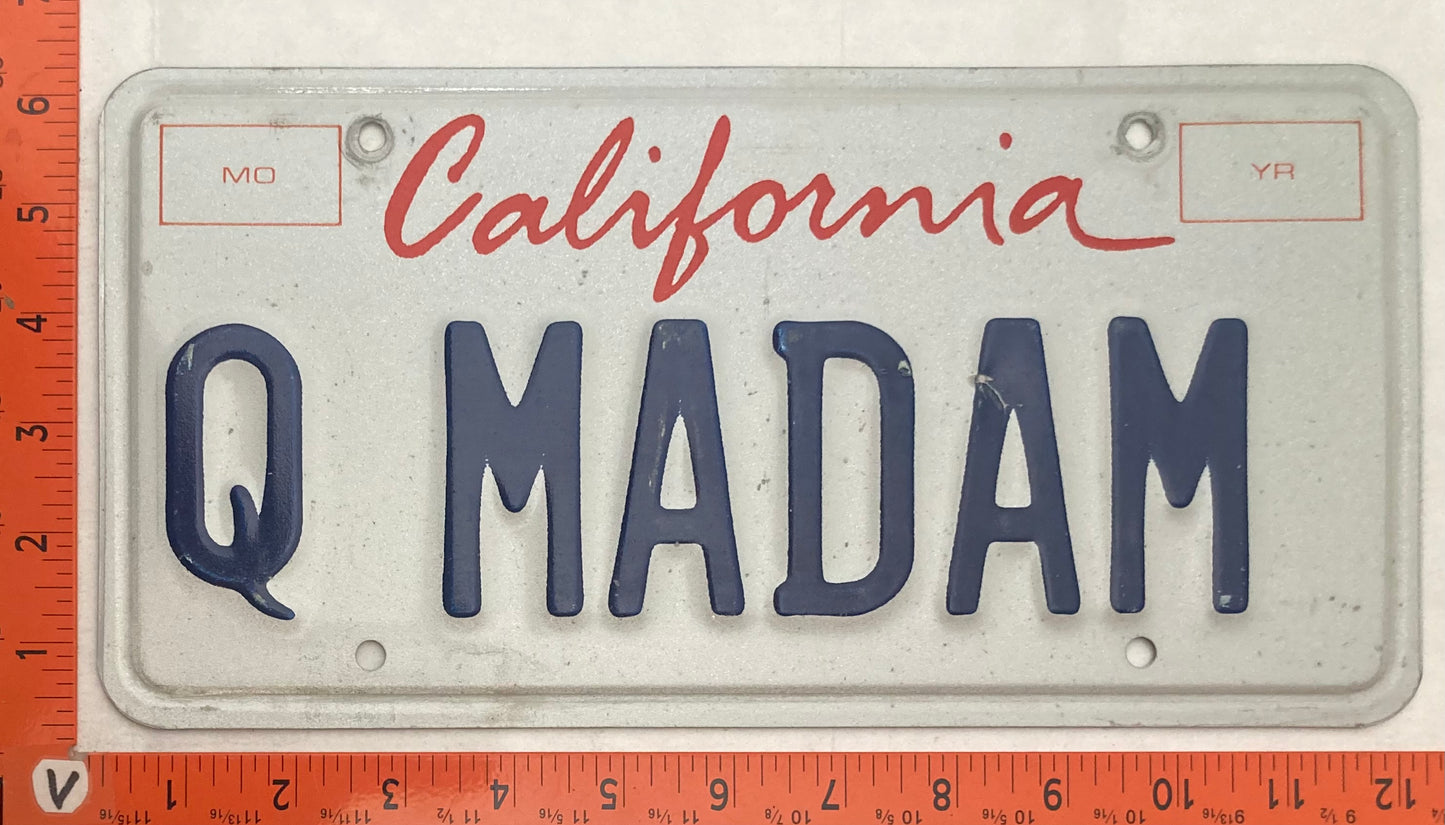 Undated California #Q MADAM Passenger License Plate (Vanity)
