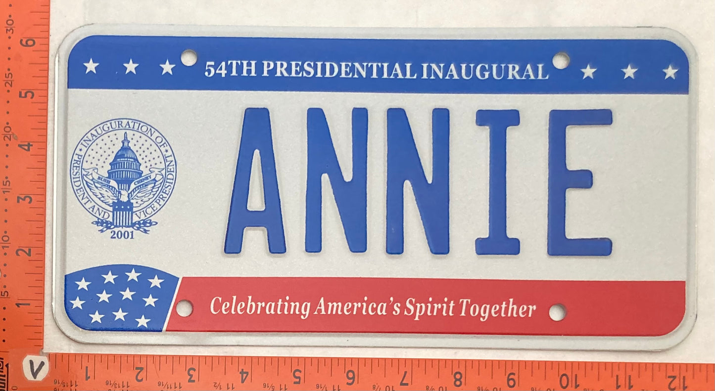 2001 Washington, DC #ANNIE Presidential Inaugural Passenger License Plate (Vanity)
