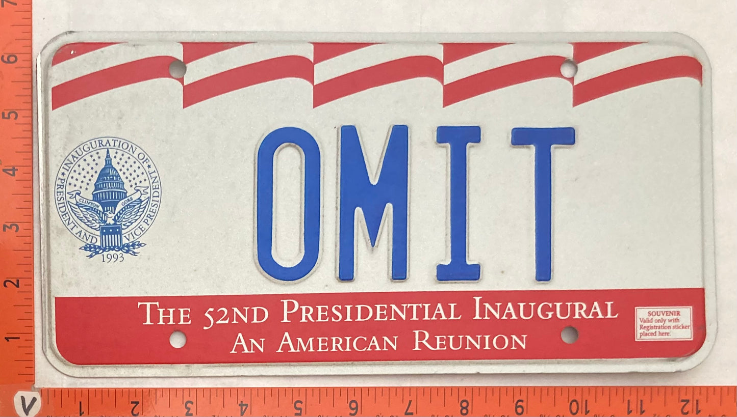 1993 Washington, DC #OMIT Presidential Inaugural Passenger License Plate (Vanity)