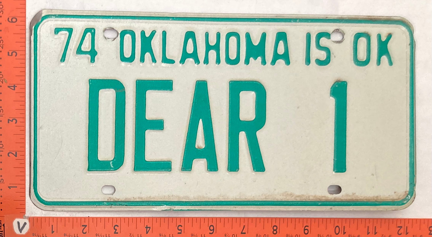 1974 Oklahoma #DEAR 1 Passenger License Plate