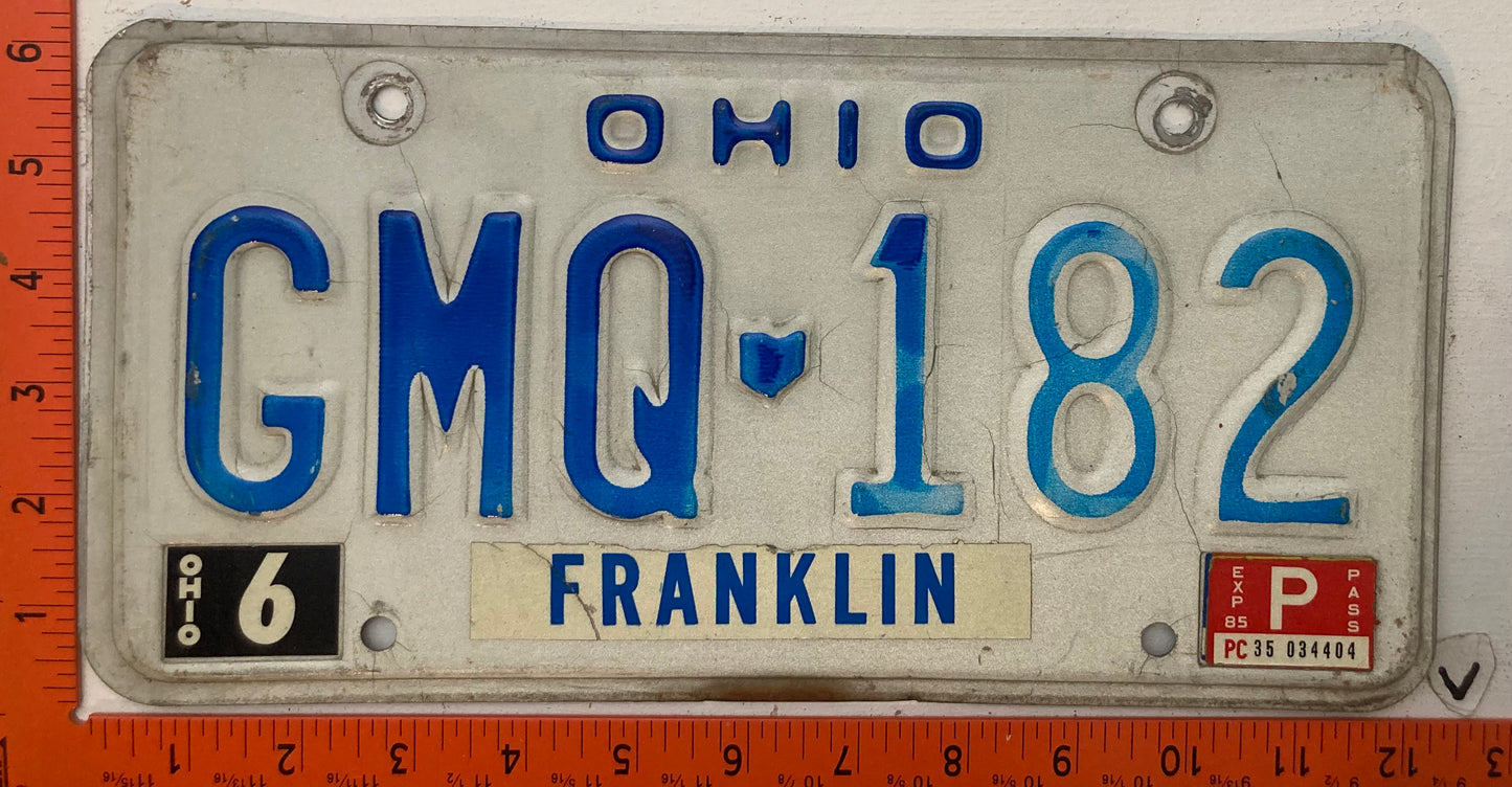 1985 Ohio #GMQ-182 Passenger License Plate