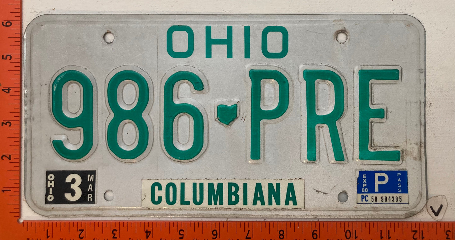 1988 Ohio #986-PRE Passenger License Plate