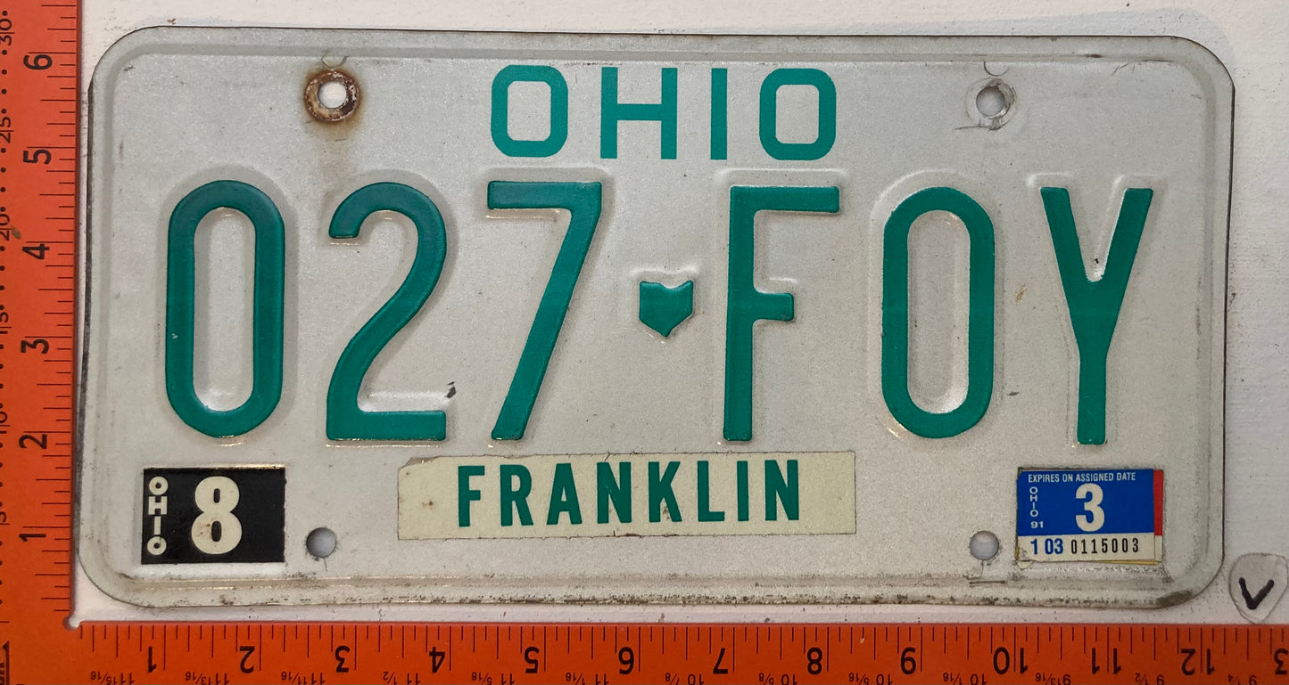 1991 Ohio #027-FOY Passenger License Plate