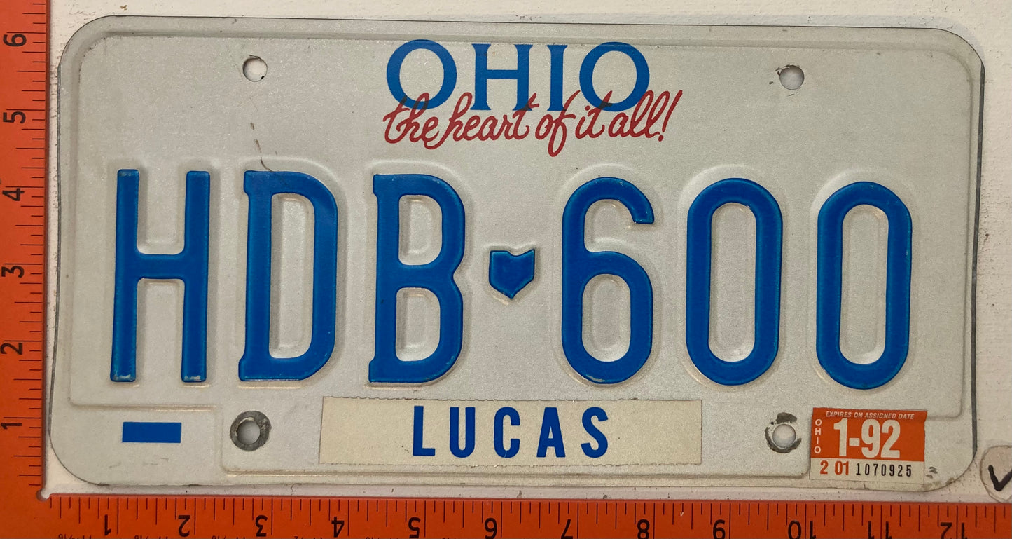 1992 Ohio #HDB-600 Passenger License Plate
